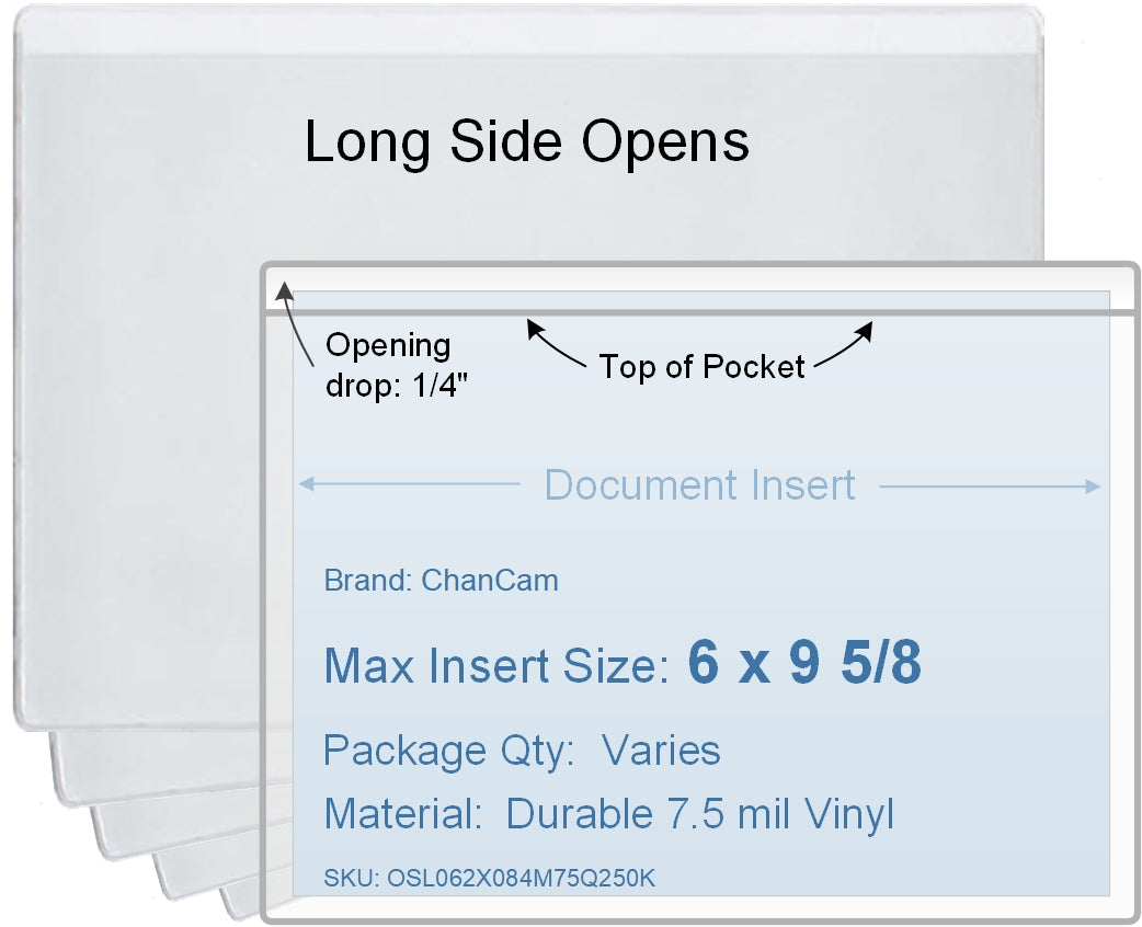 ChanCam vinyl sleeve, open long side, insert size: 9 5/8 x 6, product size: 9 7/8 x 6 1/4, package quantity 100, 7.5 mil clear vinyl