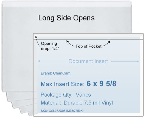 ChanCam vinyl sleeve, open long side, insert size: 9 5/8 x 6, product size: 9 7/8 x 6 1/4, package quantity 100, 7.5 mil clear vinyl