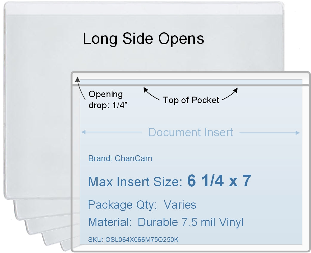 ChanCam vinyl sleeve, open long side, insert size: 7 x 6 1/4, product size: 7 1/4 x 6 1/2, package quantity 100, 7.5 mil clear vinyl