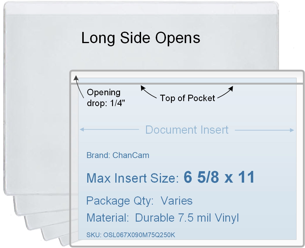 ChanCam vinyl sleeve, open long side, insert size: 11 x 6 5/8, product size: 11 1/4 x 6 7/8, package quantity 100, 7.5 mil clear vinyl