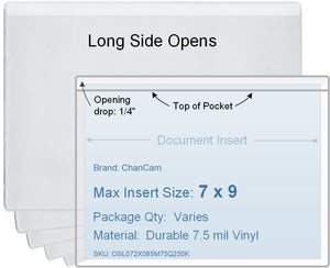ChanCam vinyl sleeve, open long side, insert size: 9 x 7, product size: 9 1/4 x 7 1/4, package quantity 100, 7.5 mil clear vinyl
