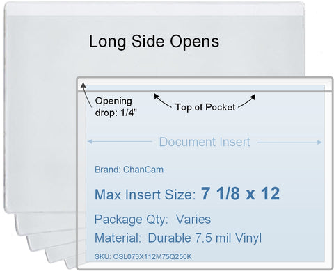 ChanCam vinyl sleeve, open long side, insert size: 12 x 7 1/8, product size: 12 1/4 x 7 3/8, package quantity 100, 7.5 mil clear vinyl