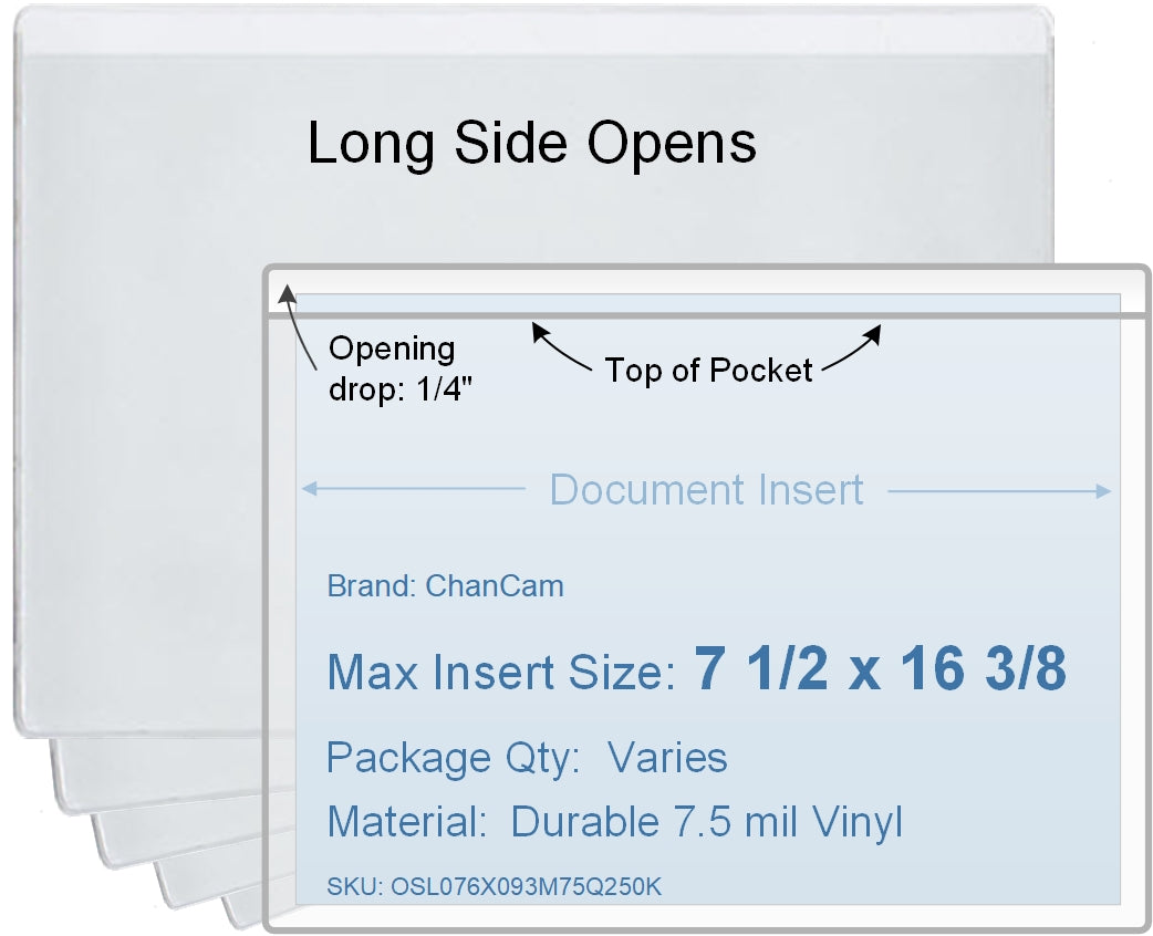 ChanCam vinyl sleeve, open long side, insert size: 16 3/8 x 7 1/2, product size: 16 5/8 x 7 3/4, package quantity 100, 7.5 mil clear vinyl