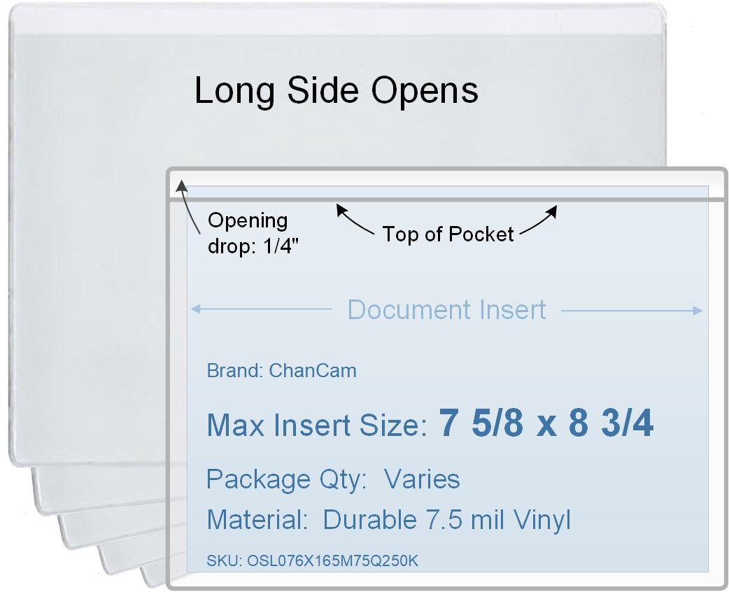 ChanCam vinyl sleeve, open long side, insert size: 8 3/4 x 7 5/8, product size: 9 x 7 7/8, package quantity 100, 7.5 mil clear vinyl