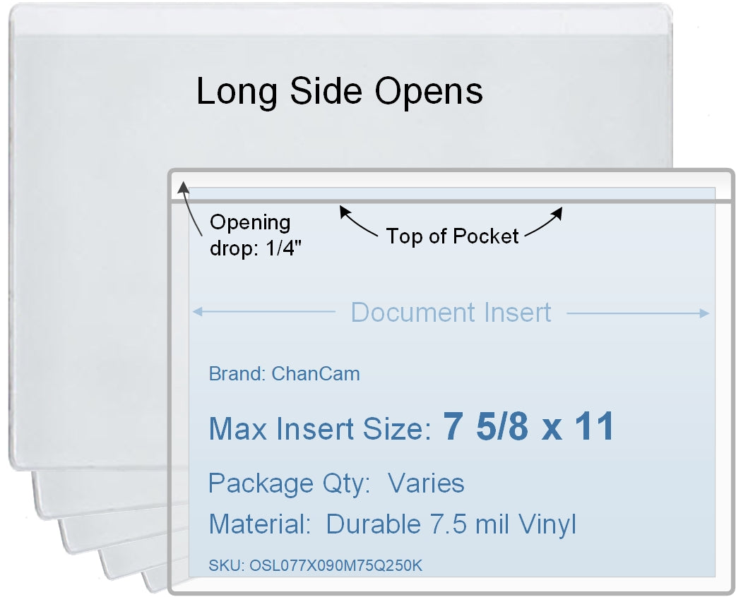 ChanCam vinyl sleeve, open long side, insert size: 11 x 7 5/8, product size: 11 1/4 x 7 7/8, package quantity 100, 7.5 mil clear vinyl