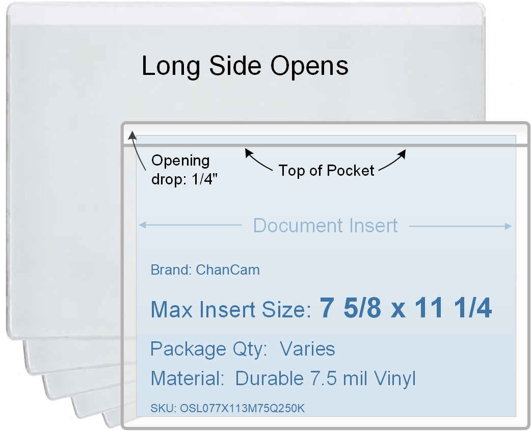 ChanCam vinyl sleeve, open long side, insert size: 11 1/4 x 7 5/8, product size: 11 1/2 x 7 7/8, package quantity 100, 7.5 mil clear vinyl