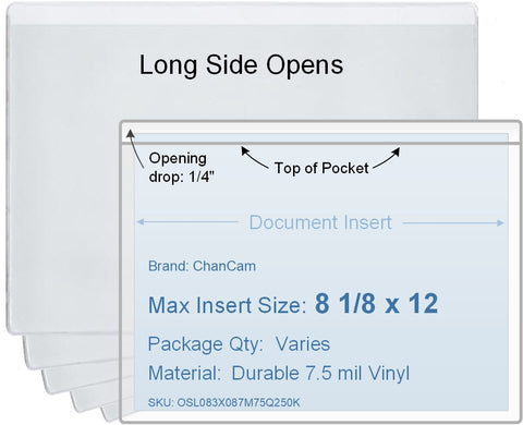 ChanCam vinyl sleeve, open long side, insert size: 12 x 8 1/8, product size: 12 1/4 x 8 3/8, package quantity 100, 7.5 mil clear vinyl