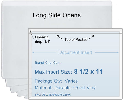 ChanCam vinyl sleeve, open long side, insert size: 11 x 8 1/2, product size: 11 1/4 x 8 3/4, package quantity 100, 7.5 mil clear vinyl