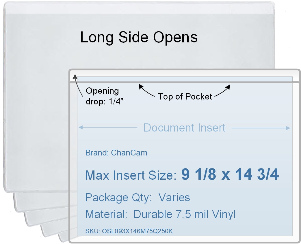 ChanCam vinyl sleeve, open long side, insert size: 14 3/4 x 9 1/8, product size: 15 x 9 3/8, package quantity 100, 7.5 mil clear vinyl