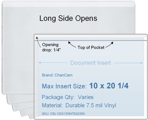 ChanCam vinyl sleeve, open long side, insert size: 20 1/4 x 10, product size: 20 1/2 x 10 1/4, package quantity 100, 7.5 mil clear vinyl