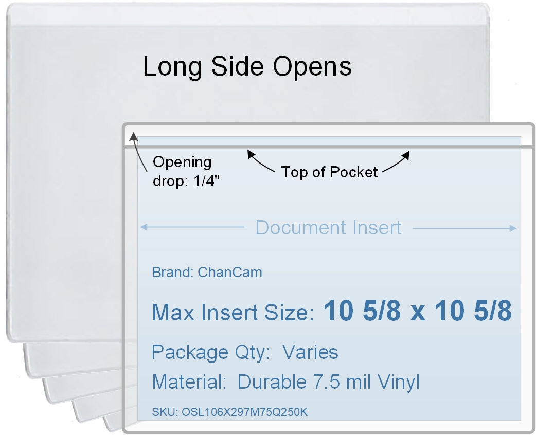 ChanCam vinyl sleeve, open long side, insert size: 10 5/8 x 10 5/8, product size: 10 7/8 x 10 7/8, package quantity 100, 7.5 mil clear vinyl