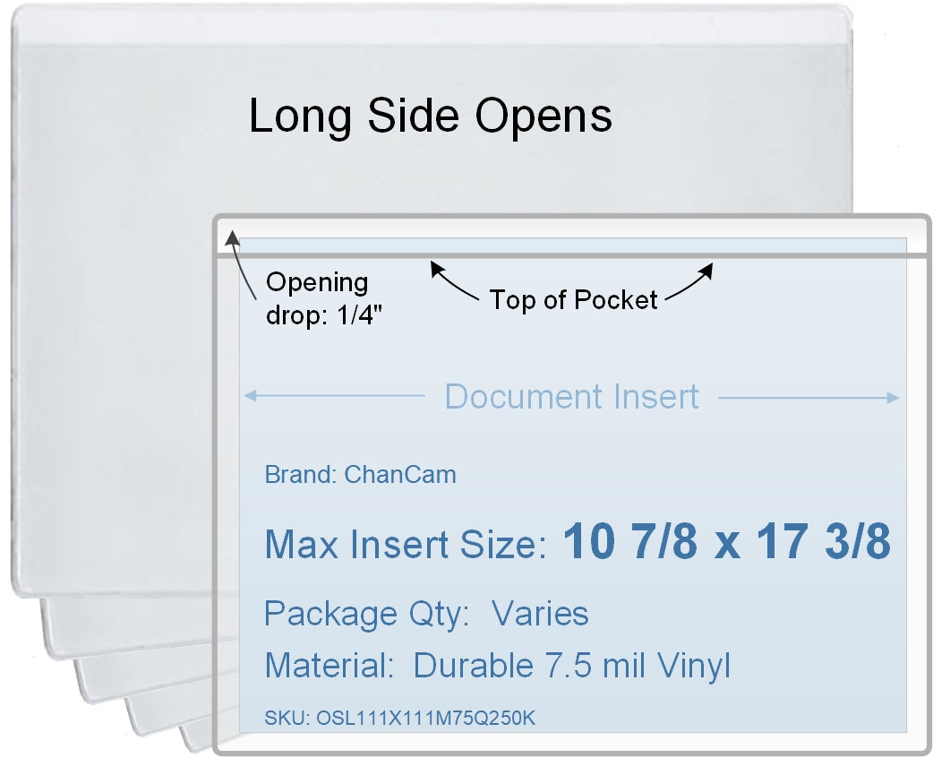 ChanCam vinyl sleeve, open long side, insert size: 17 3/8 x 10 7/8, product size: 17 5/8 x 11 1/8, package quantity 100, 7.5 mil clear vinyl