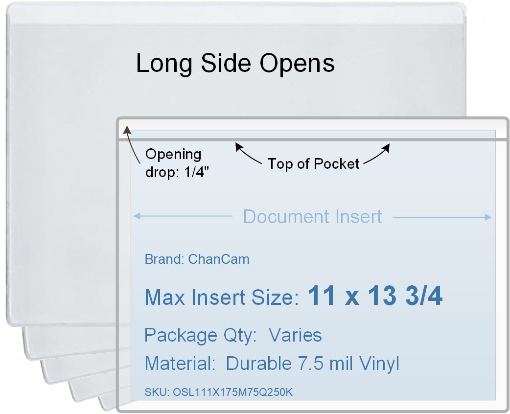 ChanCam vinyl sleeve, open long side, insert size: 13 3/4 x 11, product size: 14 x 11 1/4, package quantity 100, 7.5 mil clear vinyl
