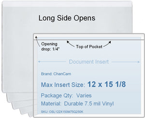 ChanCam vinyl sleeve, open long side, insert size: 15 1/8 x 12, product size: 15 3/8 x 12 1/4, package quantity 100, 7.5 mil clear vinyl